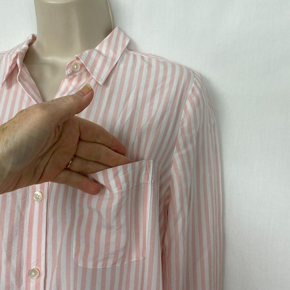 J Jill Button Up Tunic Top Womens XS Striped Pink White Pocket Roll Tab Sleeve - Picture 3 of 12